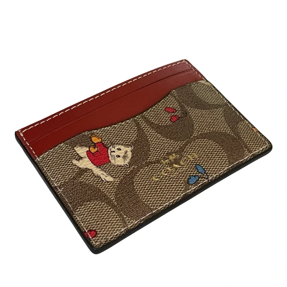 COACH CF336 Cat Mittens Kittens Print CARD CASE Brown Coated Canvas Red Leather